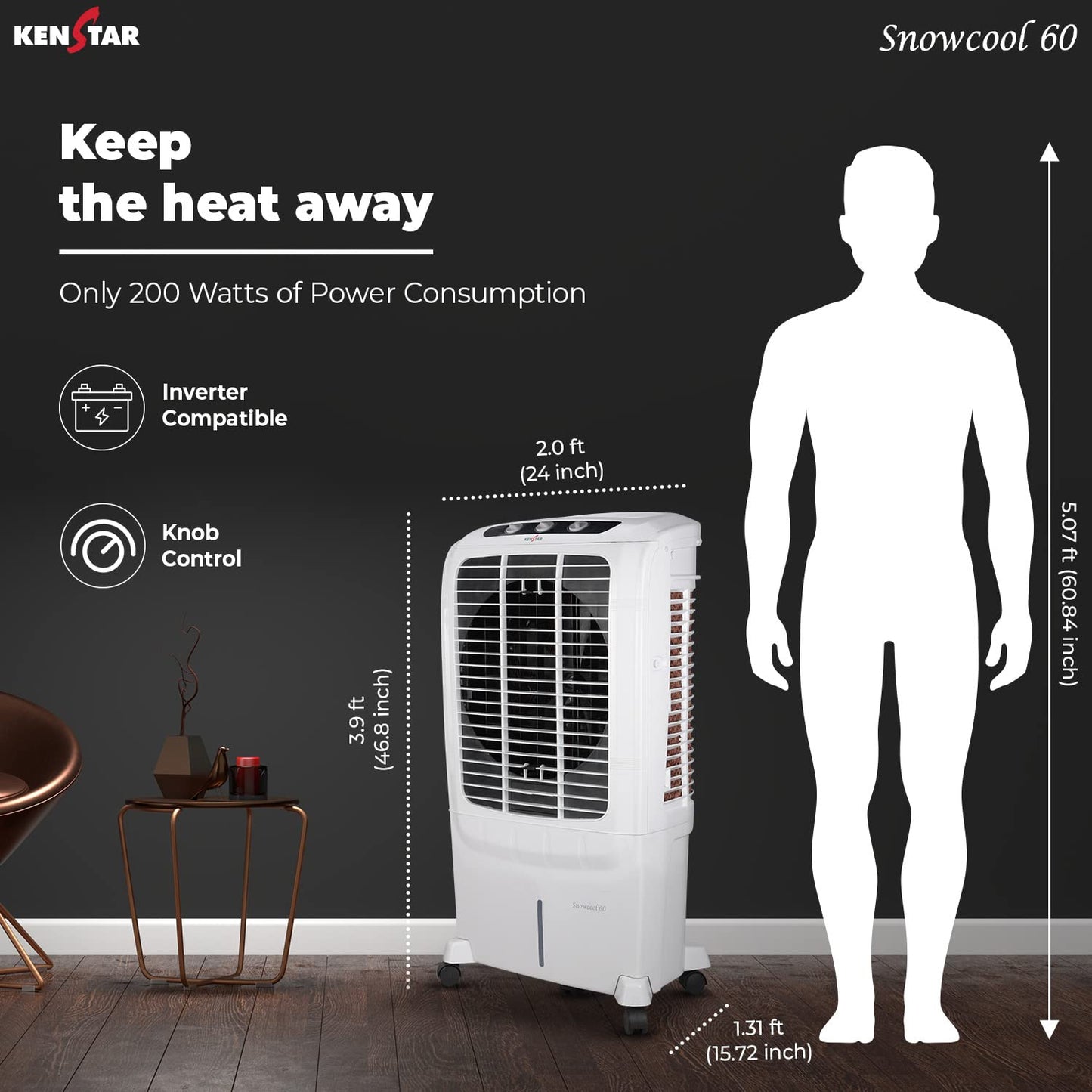 Kenstar Snowcool HC 60 Desert Air Cooler for Home - Honeycomb Cooling Pads, Large Wheels (60L, 200 Watts)