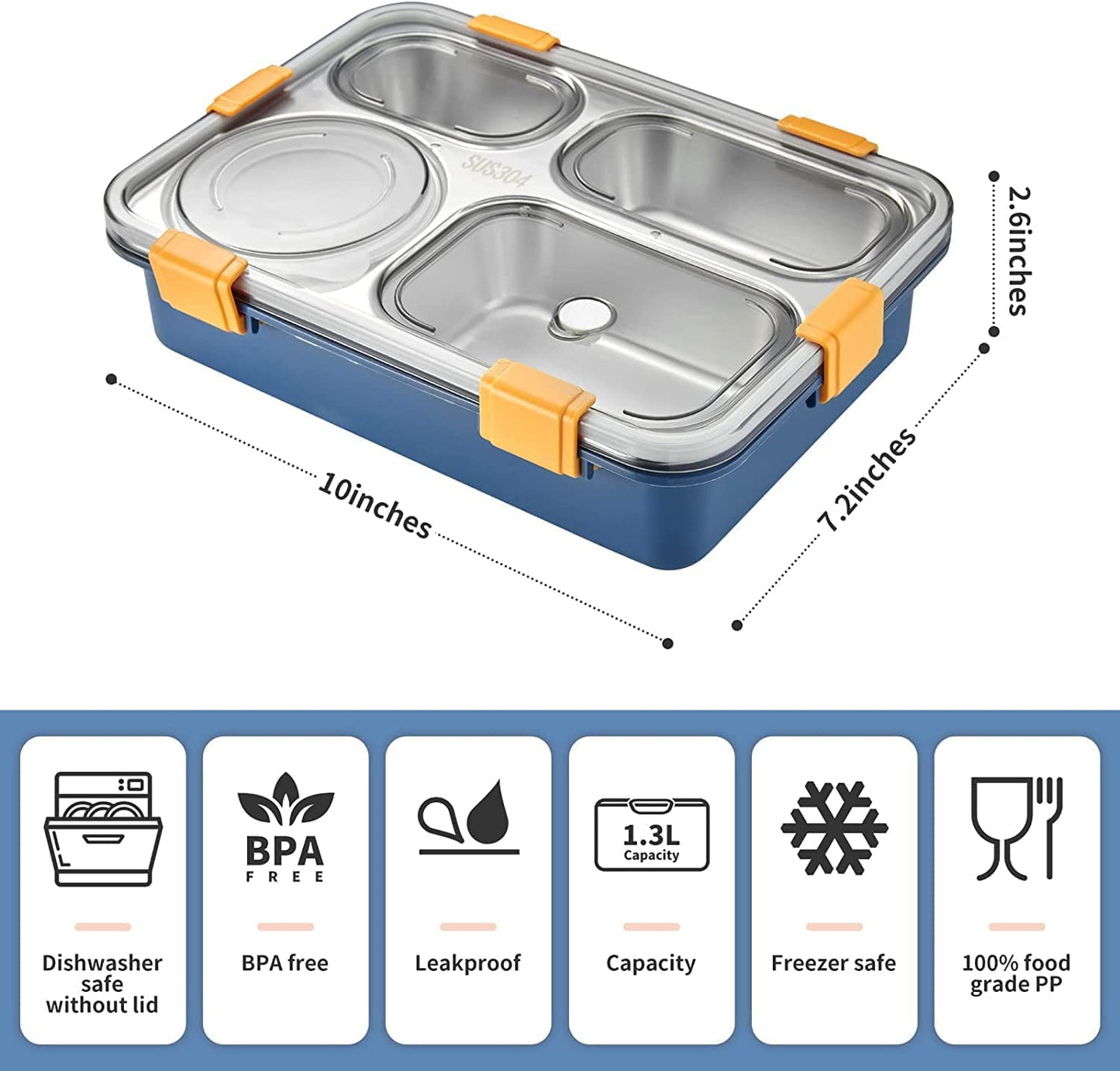 Brand Conquer Lunch Box 4 Compartment Leak-Proof BPA Free Stainless Steel