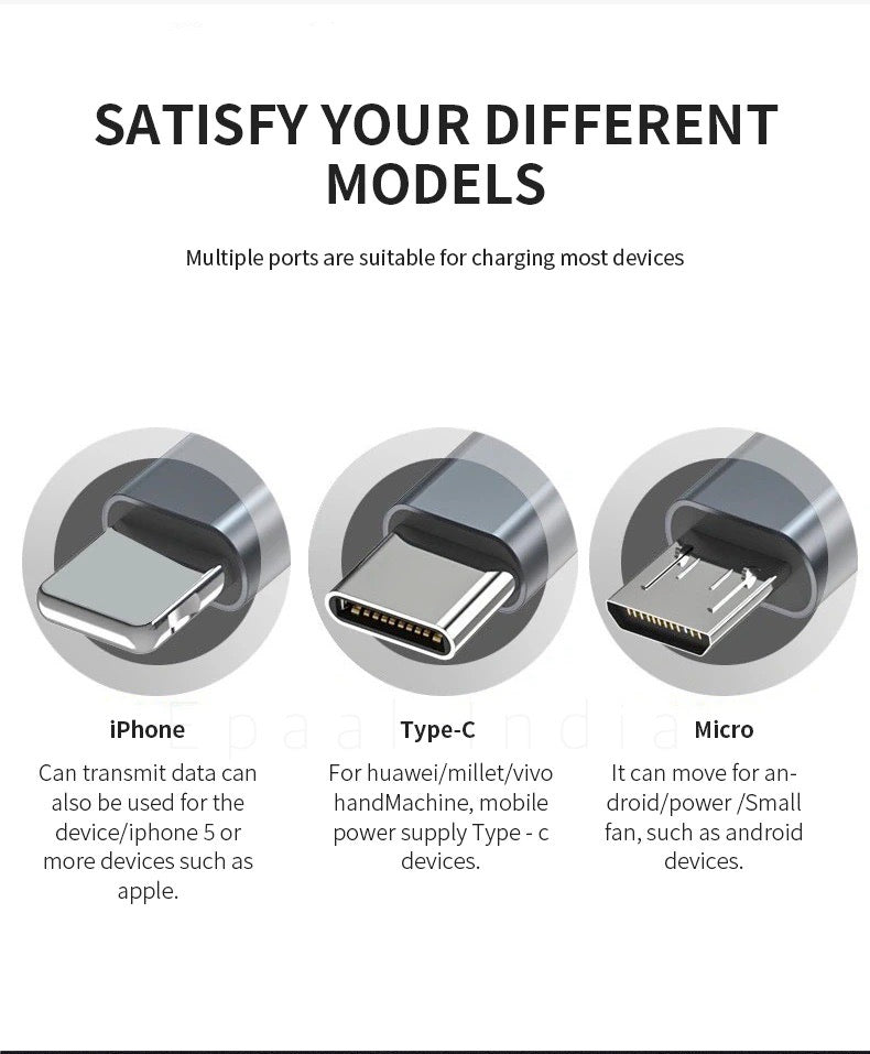 Epaal Multiple Charging Cable 3Ft/1m 3-in-1 USB Charge Cord Compatible with iPhone/Type C/Micro USB for All Android and iOS Smartphones (MultiColor)