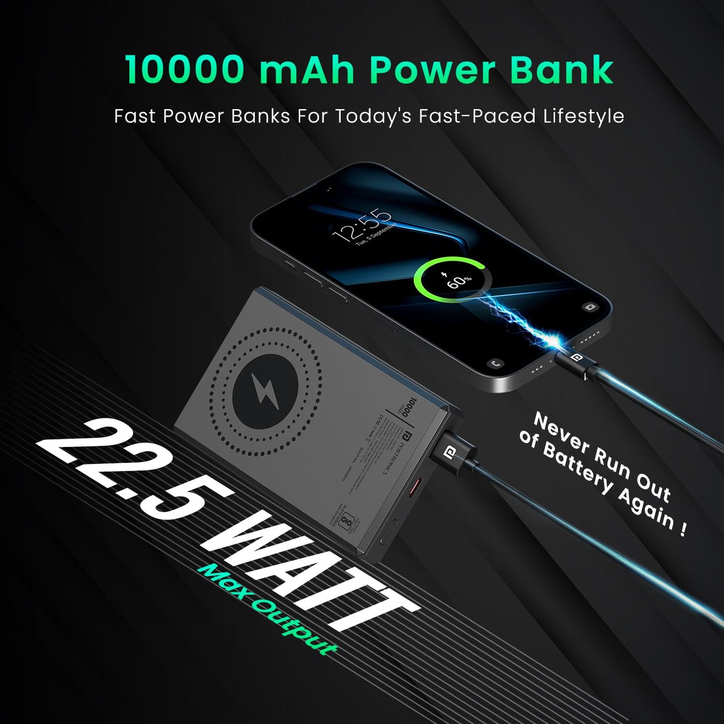 Portronics Luxcell MagClick 10k 10000 mAh 15W Magnetic Wireless Fast Charging Power Bank Premium Finish, 22.5 Wired Output