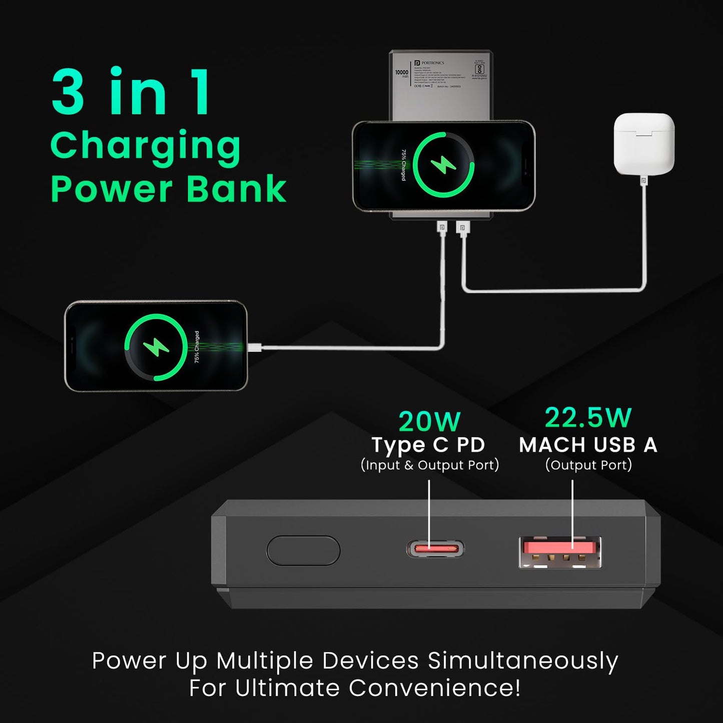 Portronics Luxcell MagClick 10k 10000 mAh 15W Magnetic Wireless Fast Charging Power Bank Premium Finish, 22.5 Wired Output