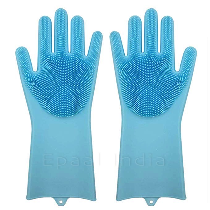 Dishwashing Gloves Pair with Scrubber Silicone Cleaning Reusable Scrub Gloves for Dish,Kitchen,Bathroom