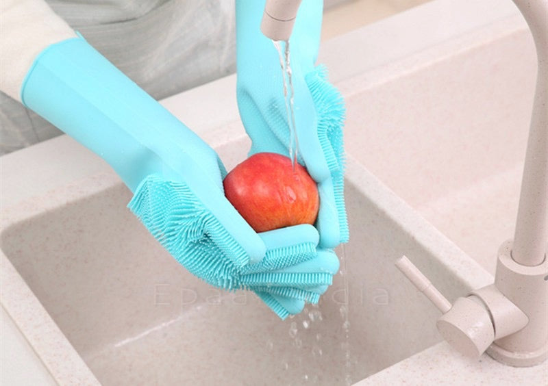 Dishwashing Gloves Pair with Scrubber Silicone Cleaning Reusable Scrub Gloves for Dish,Kitchen,Bathroom