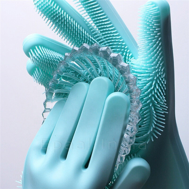 Dishwashing Gloves Pair with Scrubber Silicone Cleaning Reusable Scrub Gloves for Dish,Kitchen,Bathroom