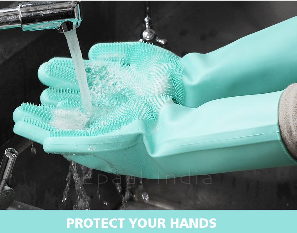 Dishwashing Gloves Pair with Scrubber Silicone Cleaning Reusable Scrub Gloves for Dish,Kitchen,Bathroom