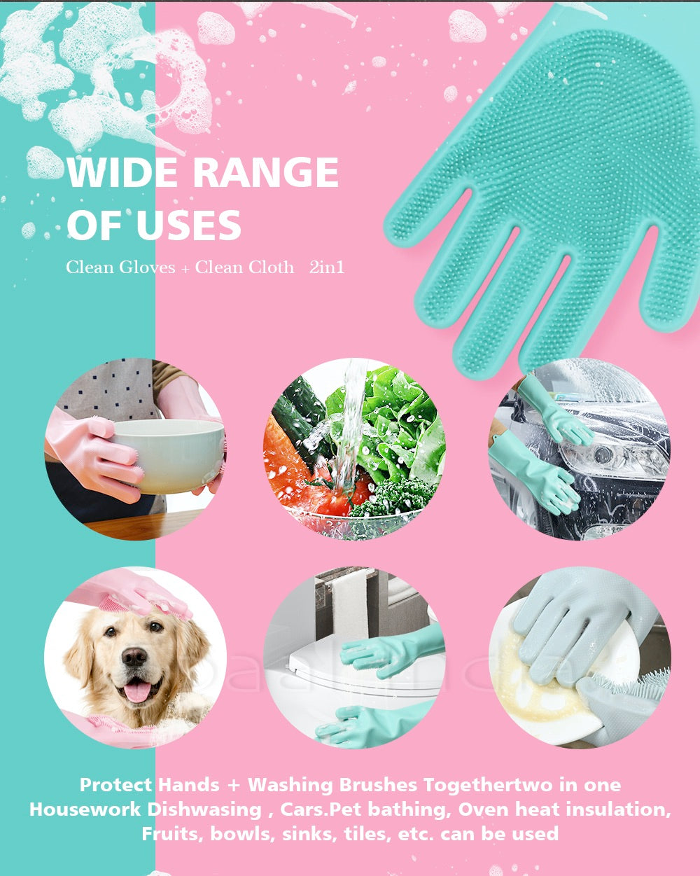 Dishwashing Gloves Pair with Scrubber Silicone Cleaning Reusable Scrub Gloves for Dish,Kitchen,Bathroom