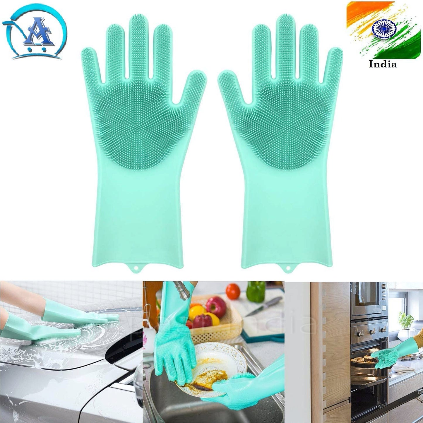 Dishwashing Gloves Pair with Scrubber Silicone Cleaning Reusable Scrub Gloves for Dish,Kitchen,Bathroom