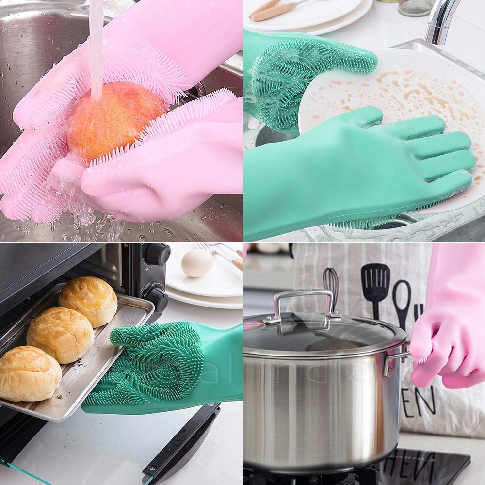 Dishwashing Gloves Pair with Scrubber Silicone Cleaning Reusable Scrub Gloves for Dish,Kitchen,Bathroom