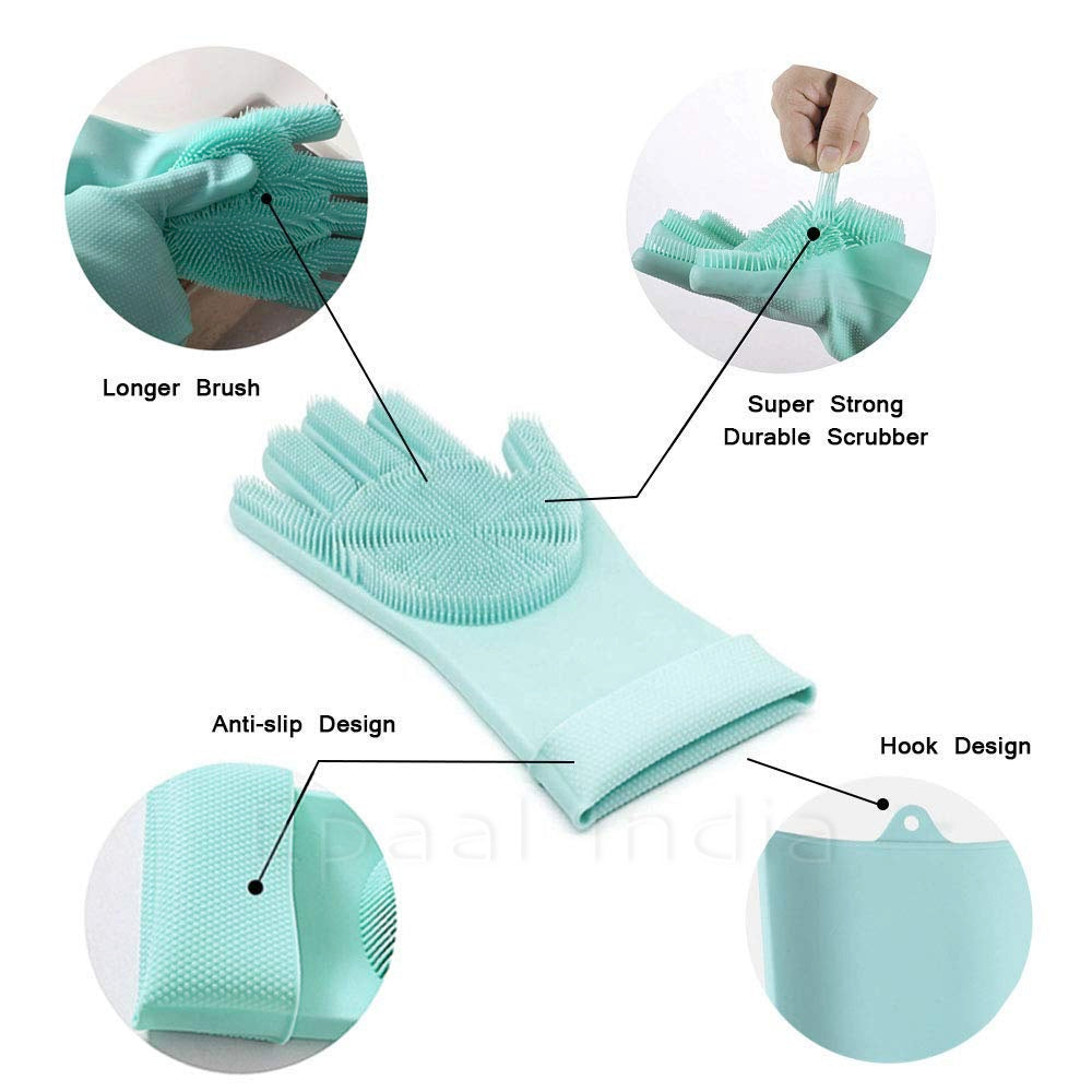 Dishwashing Gloves Pair with Scrubber Silicone Cleaning Reusable Scrub Gloves for Dish,Kitchen,Bathroom