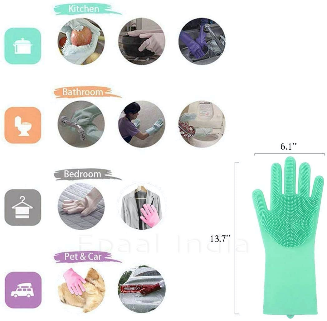 Dishwashing Gloves Pair with Scrubber Silicone Cleaning Reusable Scrub Gloves for Dish,Kitchen,Bathroom