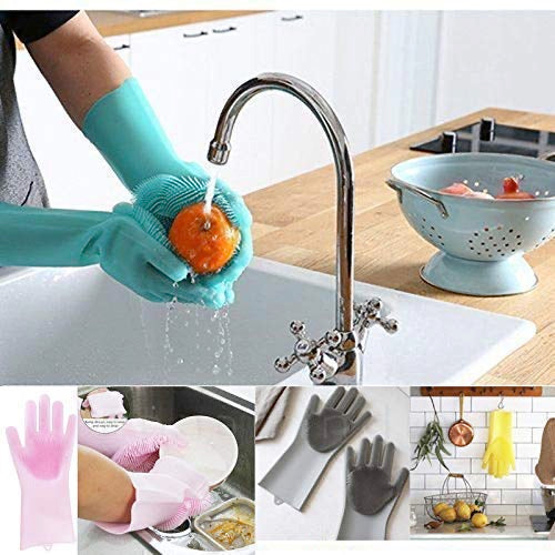 Dishwashing Gloves Pair with Scrubber Silicone Cleaning Reusable Scrub Gloves for Dish,Kitchen,Bathroom