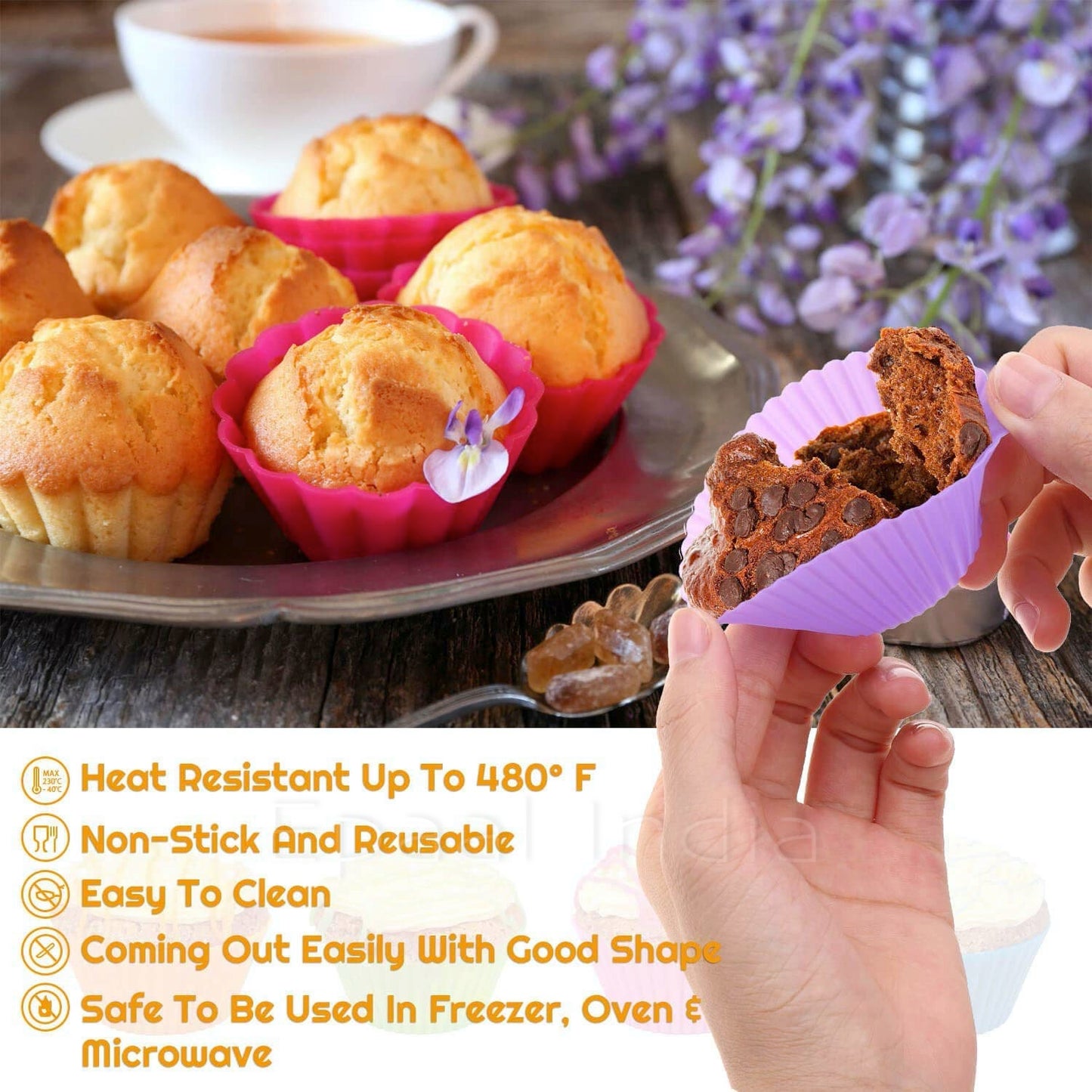 Epaal® Reusable Silicone Round Moulds Set for Muffins, Cupcake, Jelly, Cake (Pack of 12)