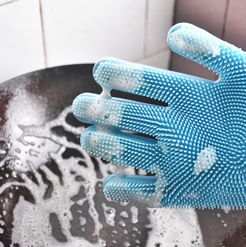 Dishwashing Gloves Pair with Scrubber Silicone Cleaning Reusable Scrub Gloves for Dish,Kitchen,Bathroom