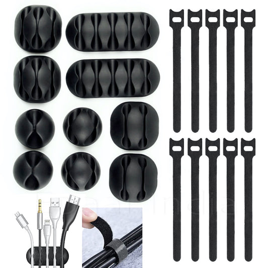 [Clearance] 20 pcs Black Cord Cable Wire Holder Protector Organiser Accessories Self Adhesive Cable Straps Hook and Loop Cable Ties for Home, Office, Car, Desktop, Laptop, Computer