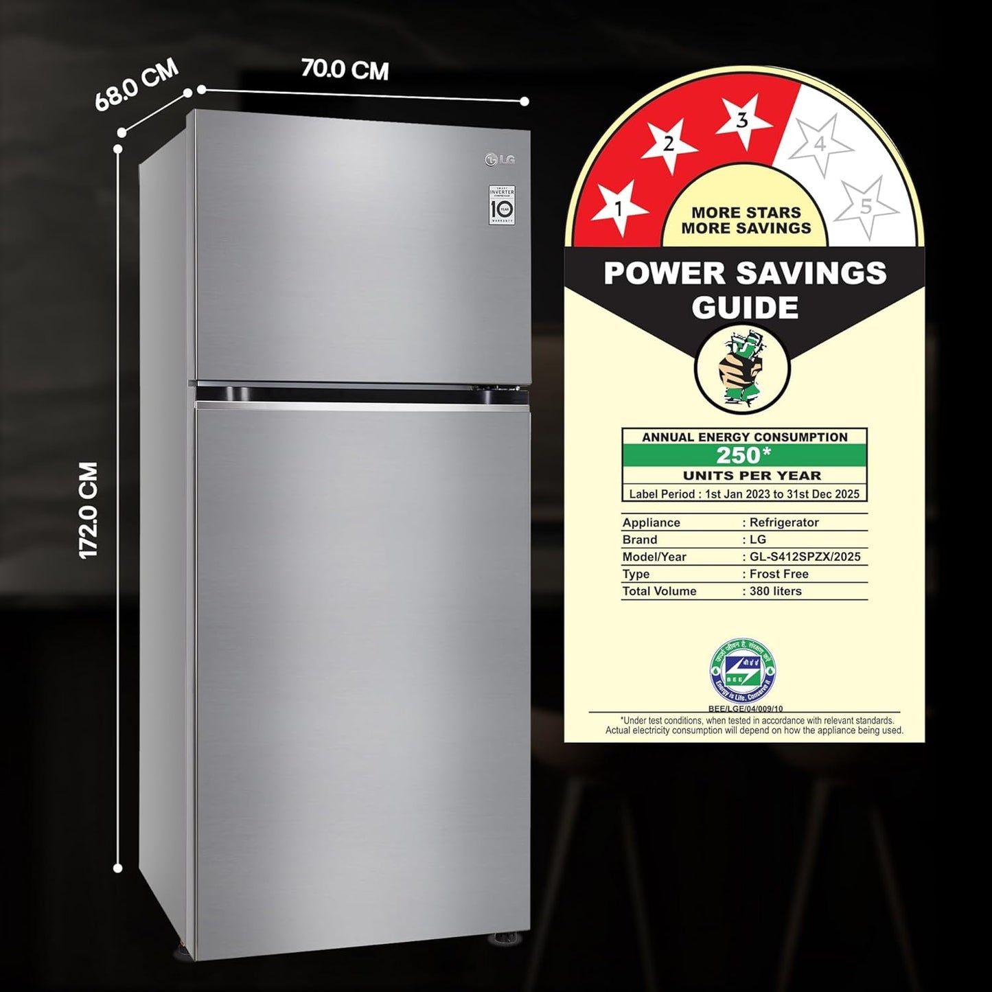 LG 380 L 3 Star Frost-Free Smart Inverter Double Door Refrigerator (GL-S412SPZX, Shiny Steel, Convertible with Express Freeze)