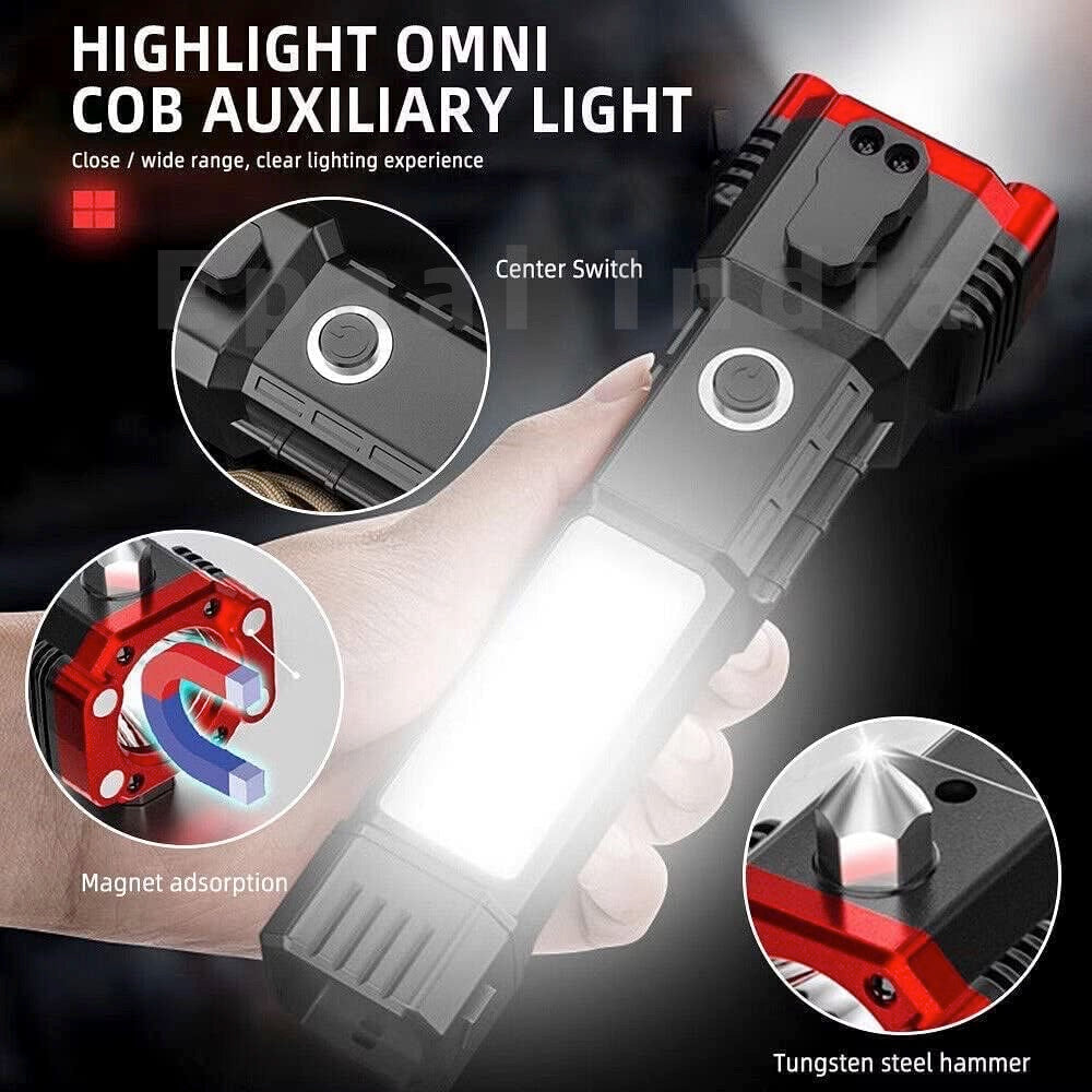 Epaal Torch Light, LED 3W Torch Light Rechargeable Torch Flashlight,Long Distance Beam Range Car Rescue Torch with Hammer Window Glass and Seat Belt Cutter Built (COB) - Red Black
