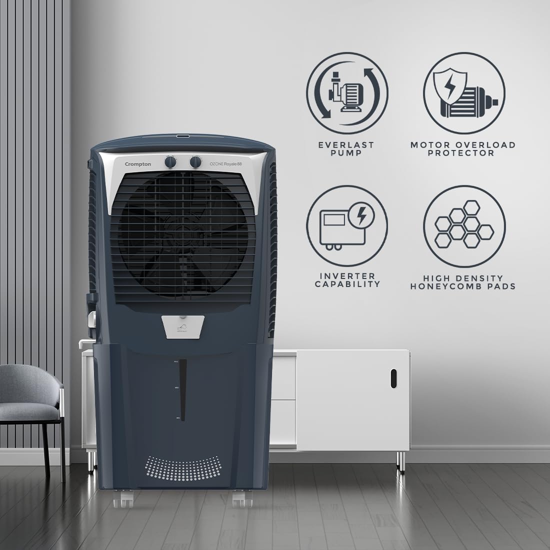 Crompton Ozone Royale Desert Air Cooler- 88L/75L/55L; with humidity control