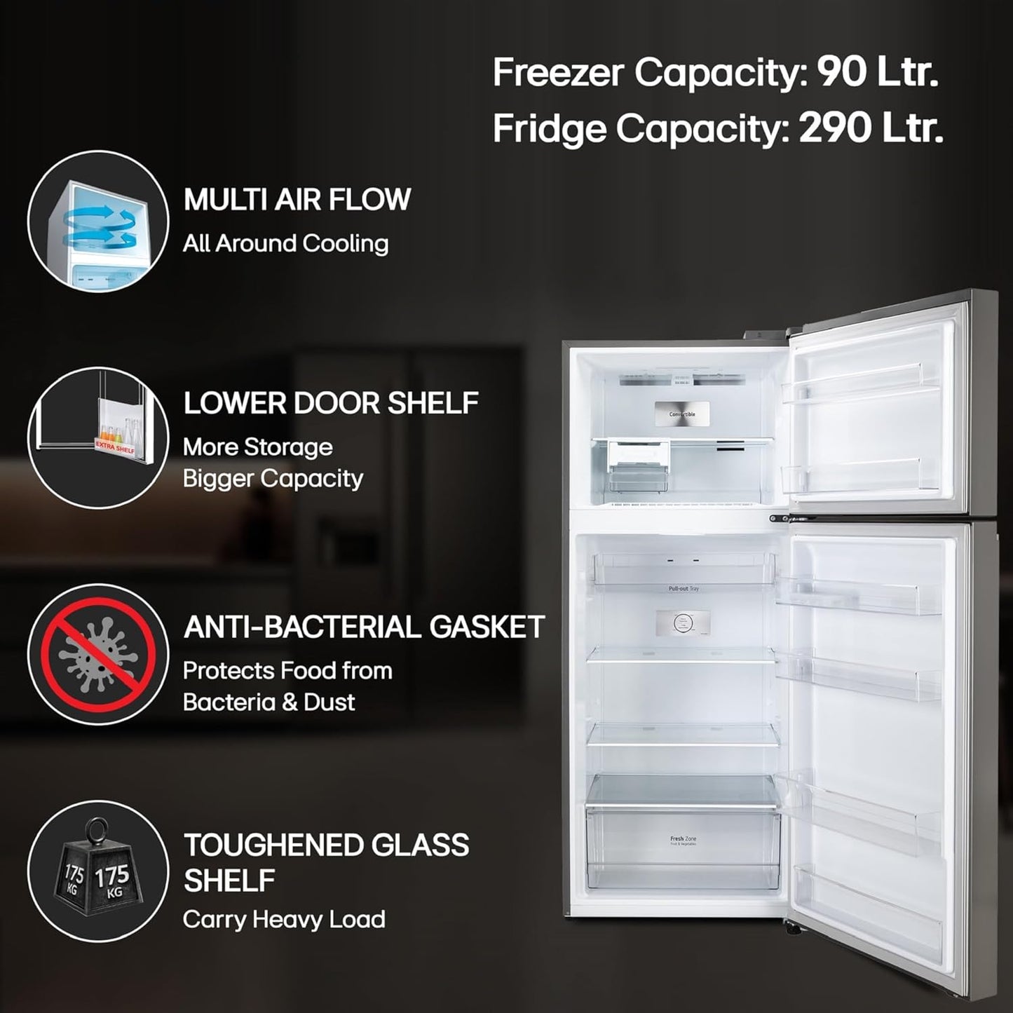 LG 380 L 3 Star Frost-Free Smart Inverter Double Door Refrigerator (GL-S412SPZX, Shiny Steel, Convertible with Express Freeze)