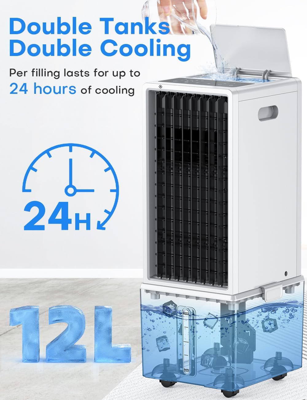 Hifresh 76R - 4-In-1 12L Air Cooler Fan with 2 Ice Packs, 4 Modes, 90° Oscillation, 12H Timer