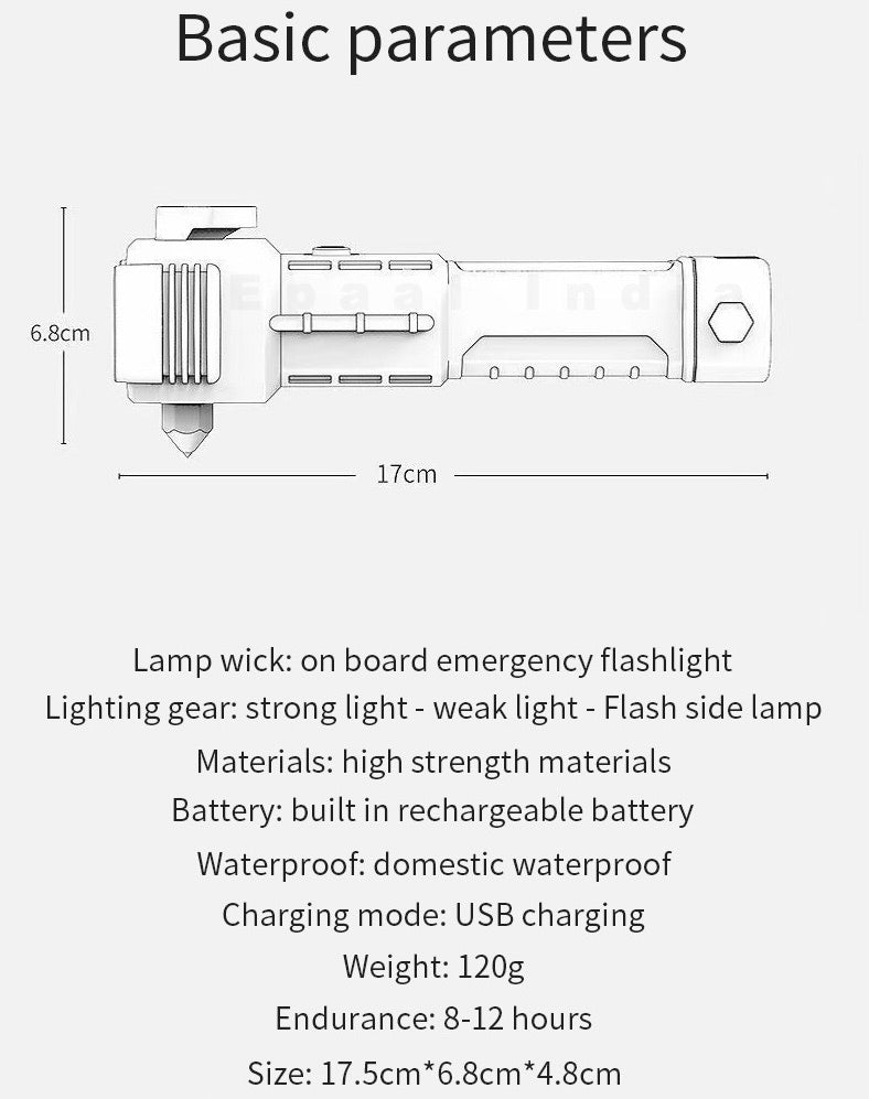 Epaal Torch Light, LED 3W Torch Light Rechargeable Torch Flashlight,Long Distance Beam Range Car Rescue Torch with Hammer Window Glass and Seat Belt Cutter Built (COB) - Silver Black