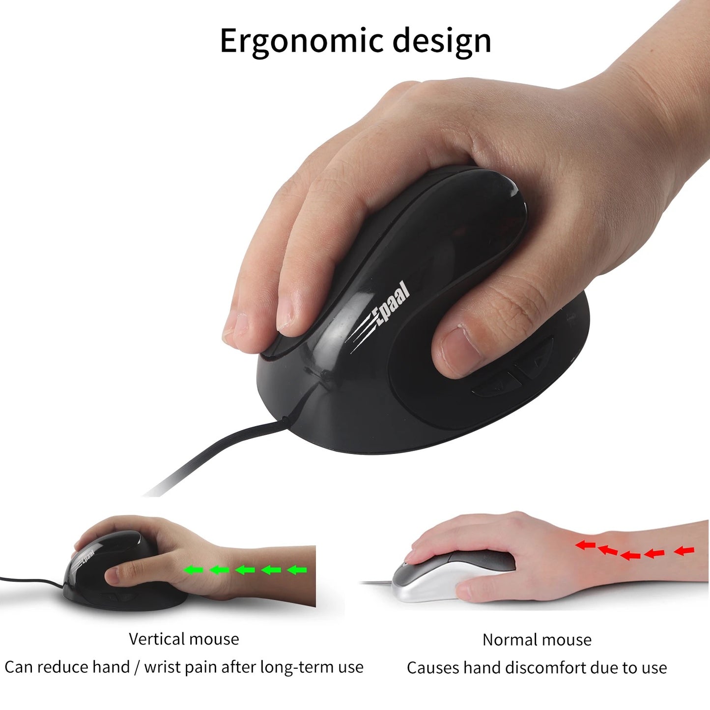 Epaal® 6D Wired Vertical Mouse, Optical Ergonomic Mouse with 4 Adjustable DPI 800/1200/2000/3200, 6 Buttons USB Computer Mouse for Mac, PC, Desktop