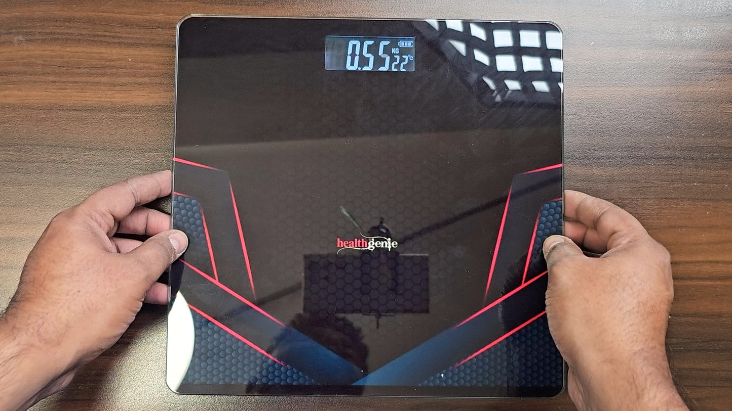 Healthgenie Weight Machine for Body Weight Thick Tempered Glass LCD Display With 3 Years Warranty Weighing Scale (Sporty Red), 180 Kg