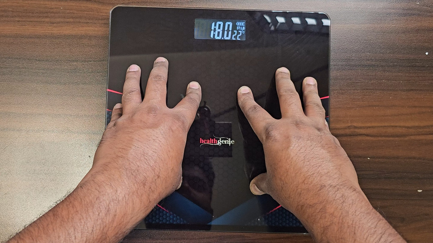 Healthgenie Weight Machine for Body Weight Thick Tempered Glass LCD Display With 3 Years Warranty Weighing Scale (Sporty Red), 180 Kg