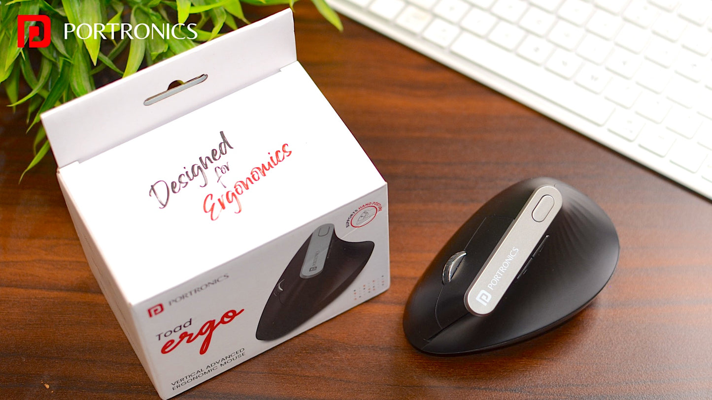 Portronics Toad Ergo Vertical Advanced Wireless Ergonomic Mouse 2.4Ghz, 6D Button, Wrist Support, Adjustable DPI upto 1200, Supports Hand Posture(Black)