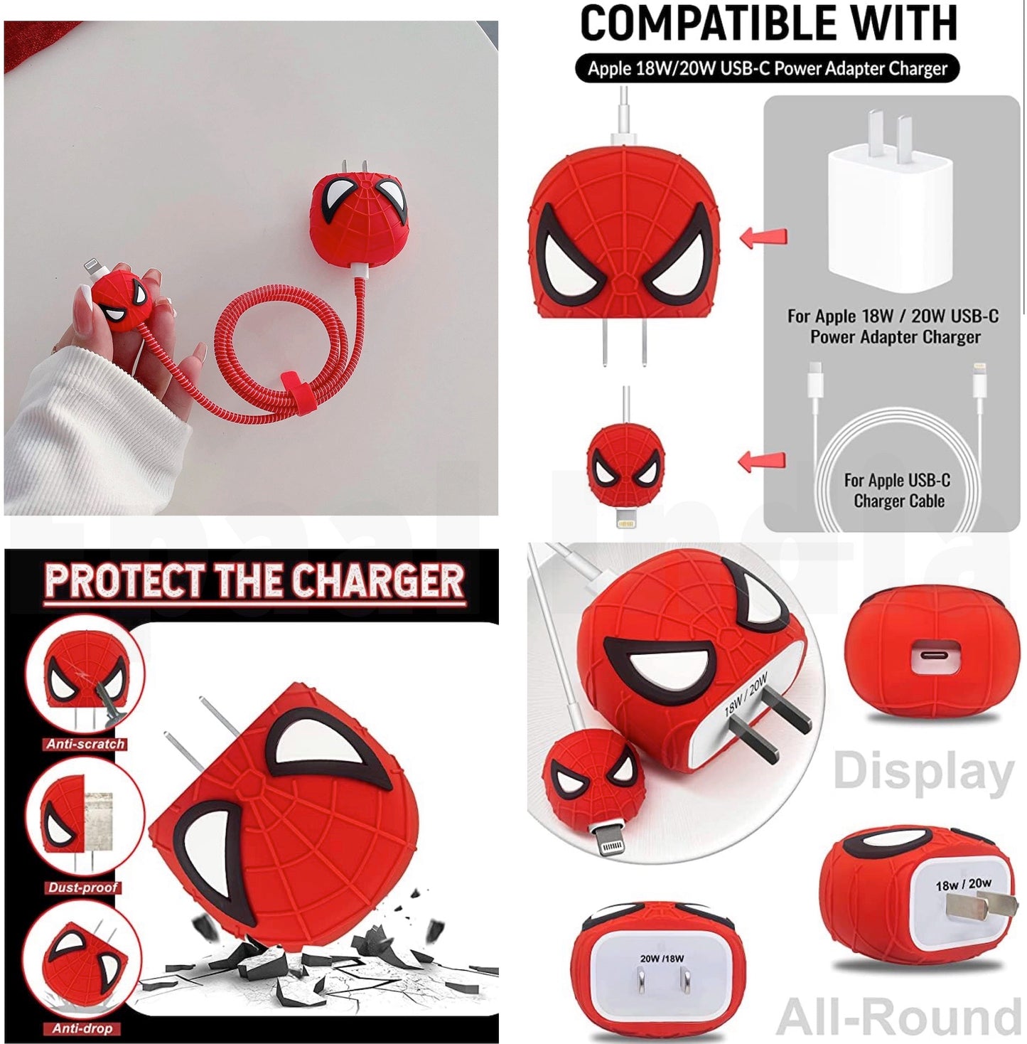 Epaal 4 pcs Cartoon 3D Design Protective Case for 18W 20W iPhone 15 14 13 12 11 Pro Max Fast Charging Cable Adapter Charger with Lightning Data Cable Case for iPhone Charger