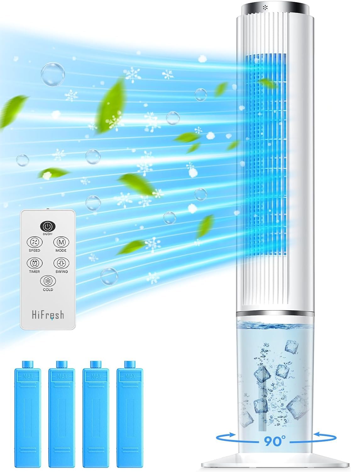 HIFRESH Air Cooler for Home, 107CM Tower Cooler w/Remote & LED Touch Screen