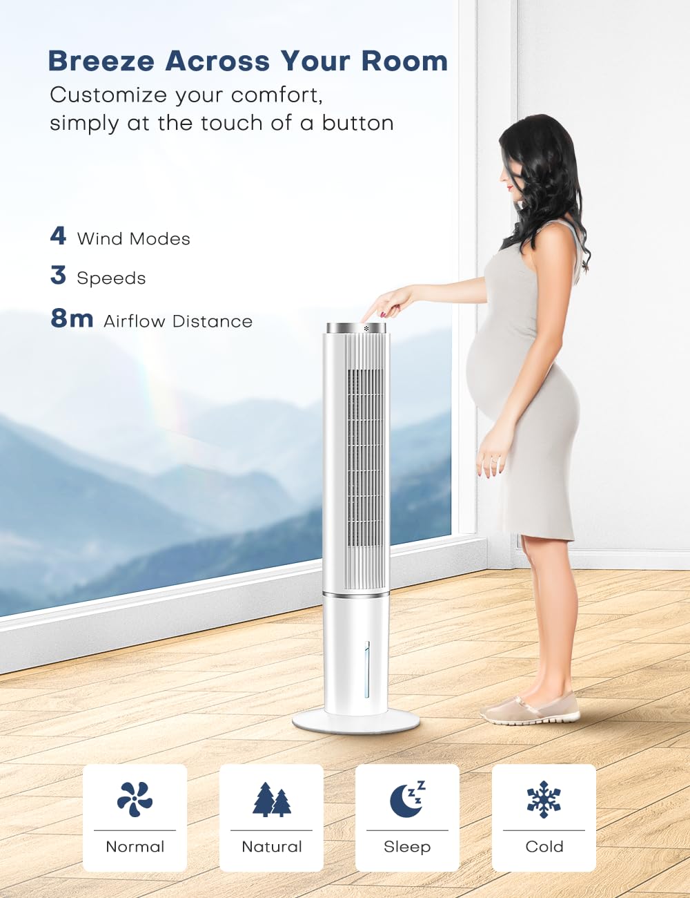 HIFRESH Air Cooler for Home, 107CM Tower Cooler w/Remote & LED Touch Screen