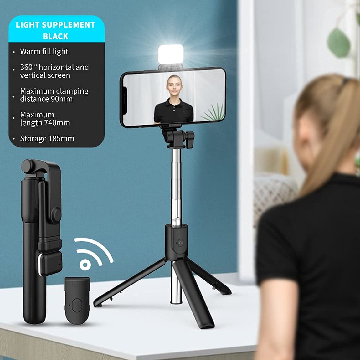 Epaal EPLR1SB Bluetooth Selfie Stick Tripod with Fill lights - Black