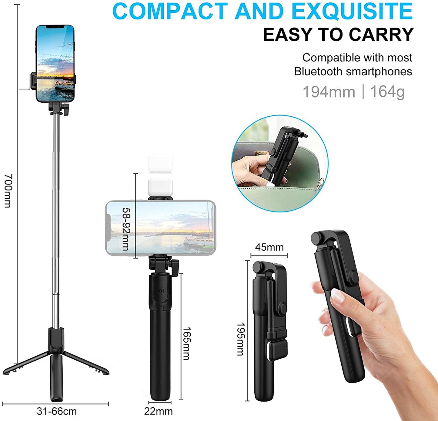 Epaal EPLR1SB Bluetooth Selfie Stick Tripod with Fill lights - Black