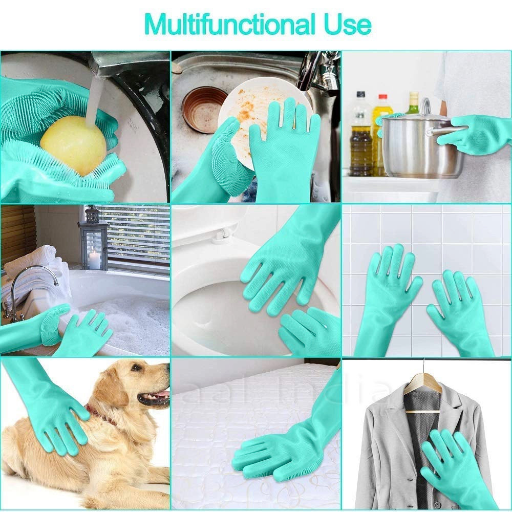 Dishwashing Gloves Pair with Scrubber Silicone Cleaning Reusable Scrub Gloves for Dish,Kitchen,Bathroom