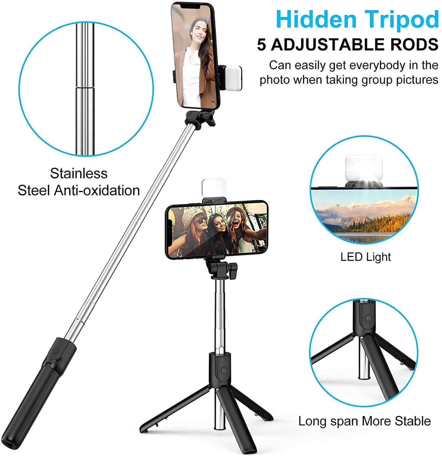 Epaal EPLR1SB Bluetooth Selfie Stick Tripod with Fill lights - Black